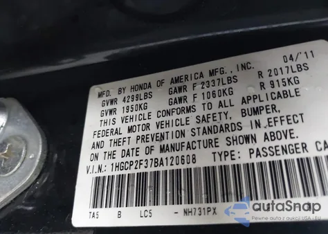 2011 Honda Accord 2.4 Lx из США, поврежденный, VIN 1HGCP2F37BA120608